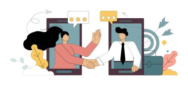 İşbirliği ve iletişim. Aletlerden iş adamlarının el sıkışması. Beyaz arka planda iş kavramı. Vektör düz resimleme.