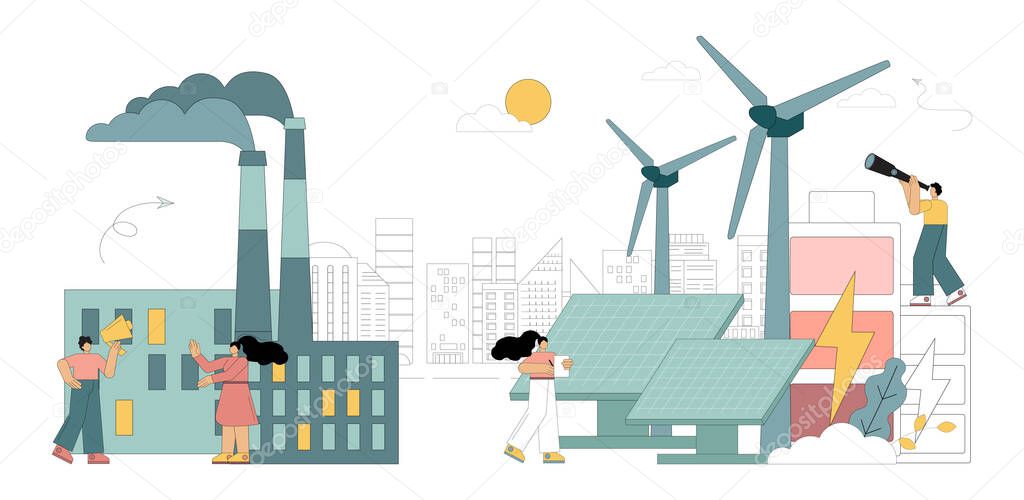 Environmentally friendly and polluting power generation. Vector illustration.