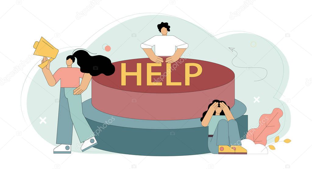 Help concept. Little people click on the Help button. Vector illustration isolated on white background