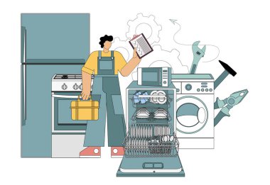 Usta, ev aletleri tamir ustası bulaşık makinesi, buzdolabı, mikrodalga fırın, gaz sobası, çamaşır makinesi. Vektör illüstrasyon düzlüğü