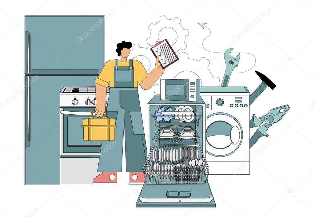 Master, repair master Home electronics appliances dishwasher, refrigerator, microwave, gas stove, washing machine. Vector illustration flat