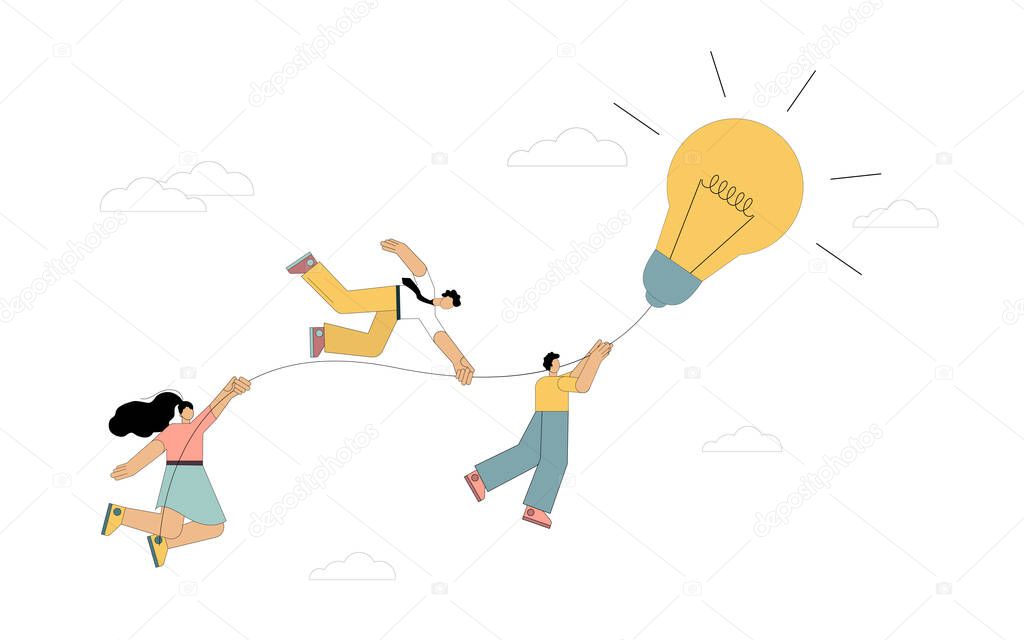 Teamwork. A group of people are flying on a light bulb. Implementation of the idea. Achievements of goals. Vector illustration isolated on white background.