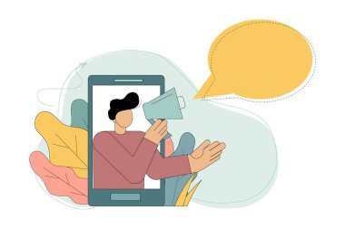 Düz tasarımda vektör illüstrasyonu. İş çığlığı. Hoparlörlerle reklam yapıyorum. Pazarlama. Son haberler, bilgi kaynakları. Bir aletin içinde megafonu olan bir adam toplum içinde duyulmak için yüksek sesle konuşur. Bir şey değil. Dikkat! Hazırsın..