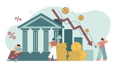 Düz vektör çizimi. Finansal kriz. Banka borçları, iflas riski var. İnsanlar banka yükümlülüklerini yerine getirememe arzusu olmadan iflası önlemeye yönelik bir girişim olan mali istikrarsız rehinelerdir.