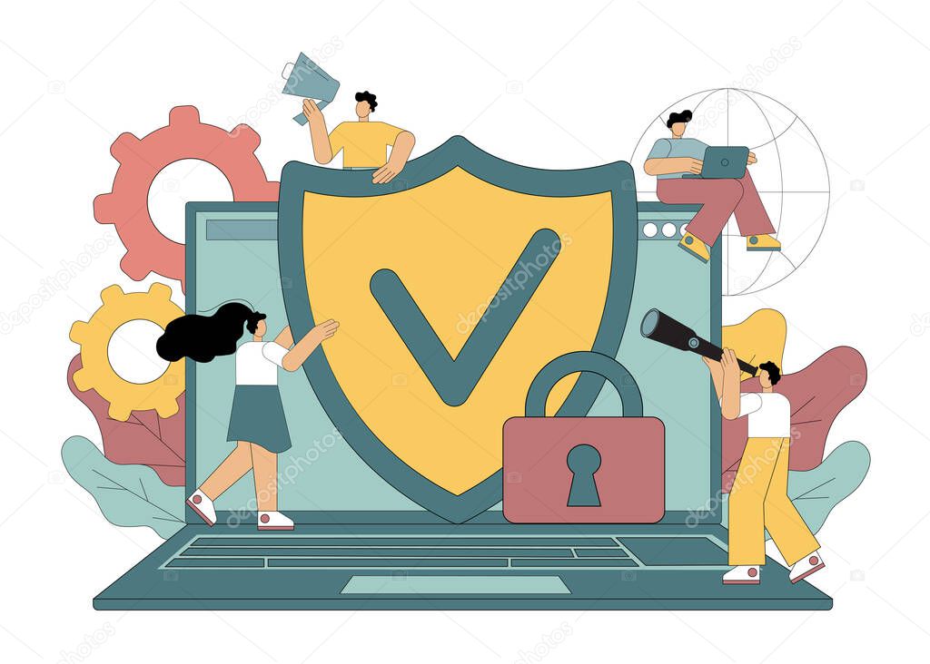 Protection of computer data. Reliable database. Security and antivirus software. Vector illustration isolated on white background.