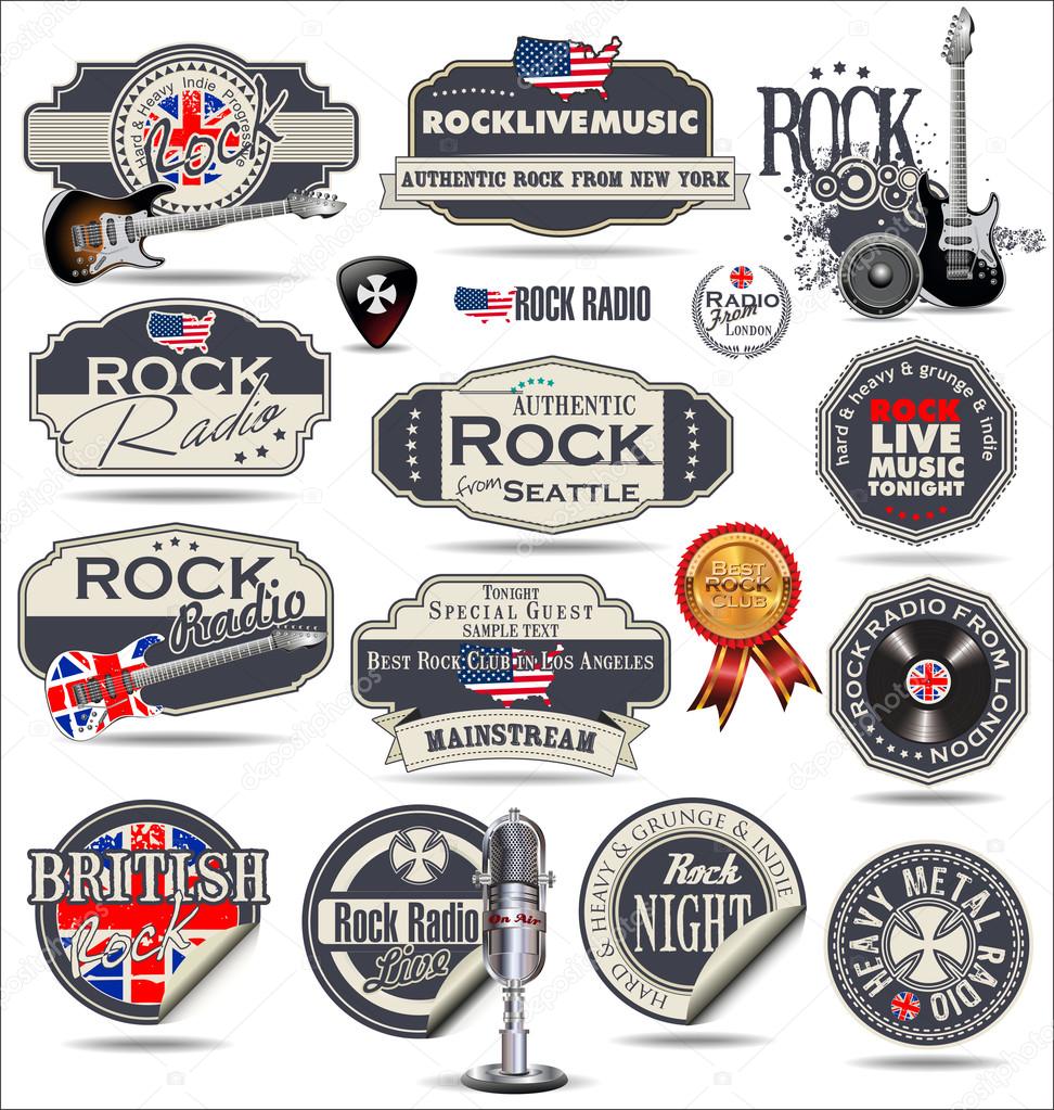 Rock music badges and labels