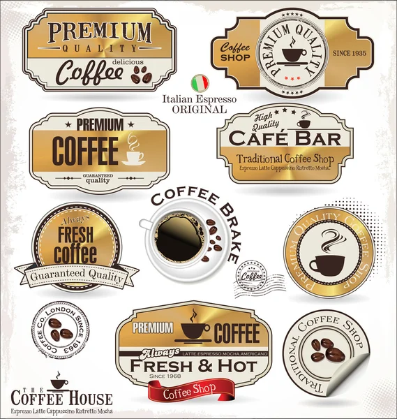Set goldener Retro-Kaffee-Etiketten — Stockvektor
