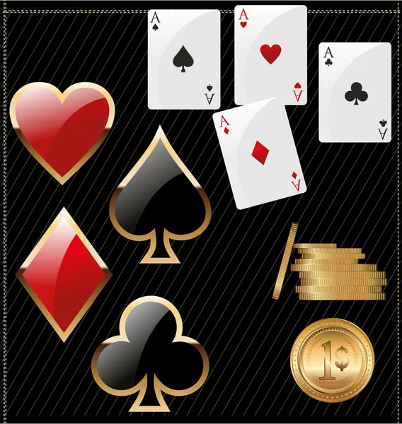 Conjunto de iconos de palo de cartas brillantes y fichas de póquer dorado — Vector de stock