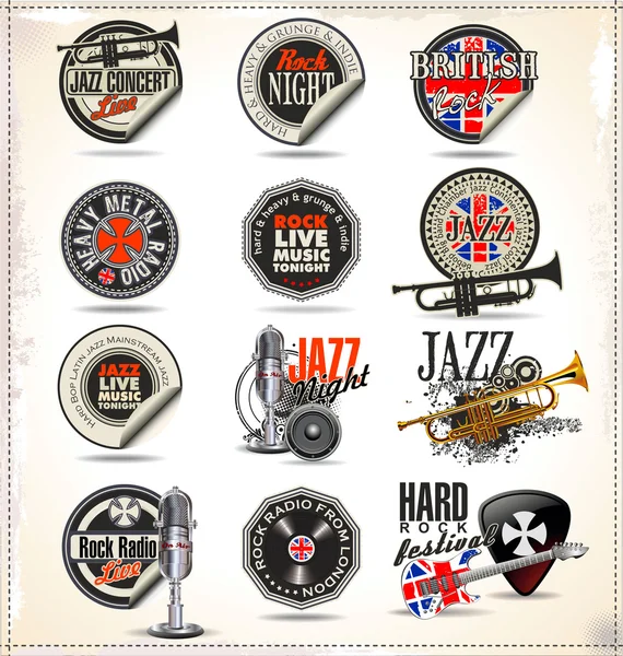 Muzieklabels en badges — Stockvector