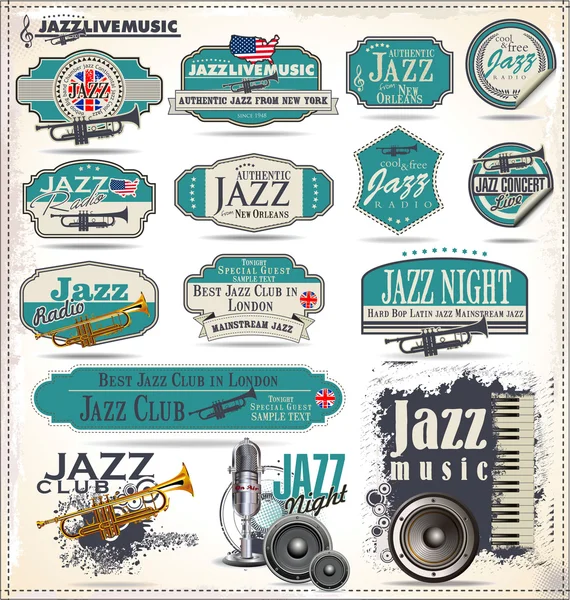 Distintivos e rótulos de música jazz — Vetor de Stock