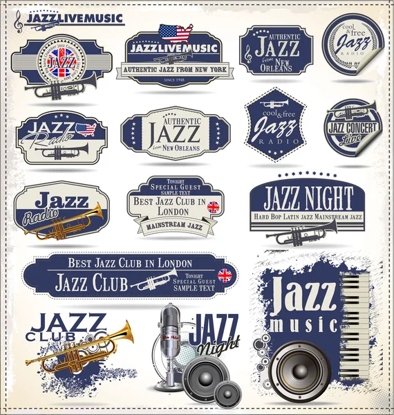 Timbres et étiquettes de musique jazz — Image vectorielle