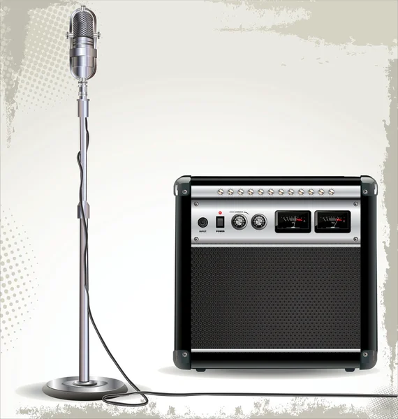 Electric guitar amplifier and retro microphone background — Stock Vector