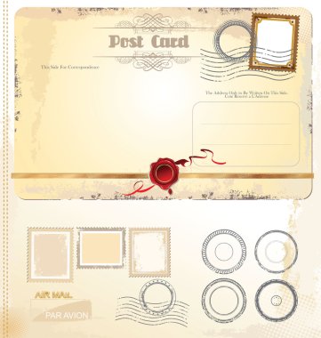 Vintage kartpostal ve pulları - düğün tasarım, davetiye, tebrik, karalama defteri