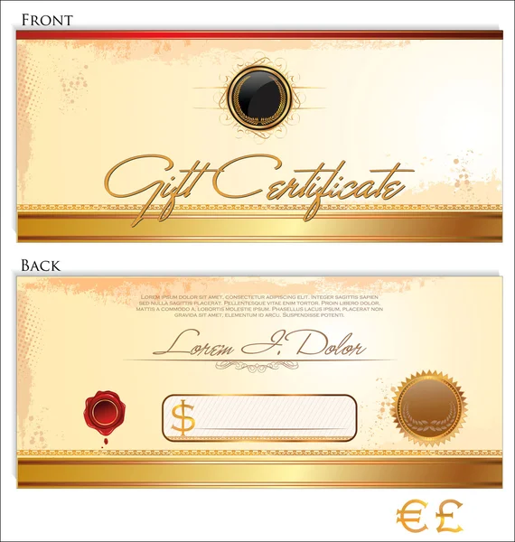 Modello di certificato regalo, design anteriore e posteriore — Vettoriale Stock