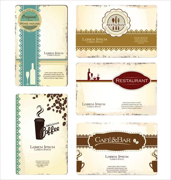 Set de 5 tarjetas de visita para cafetería y restaurante — Vector de stock