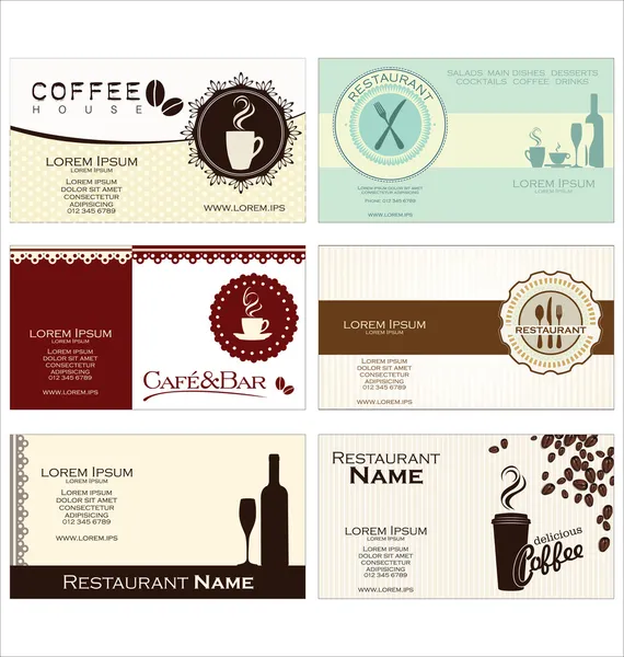 Set de 6 tarjetas de visita para cafetería y restaurante — Vector de stock