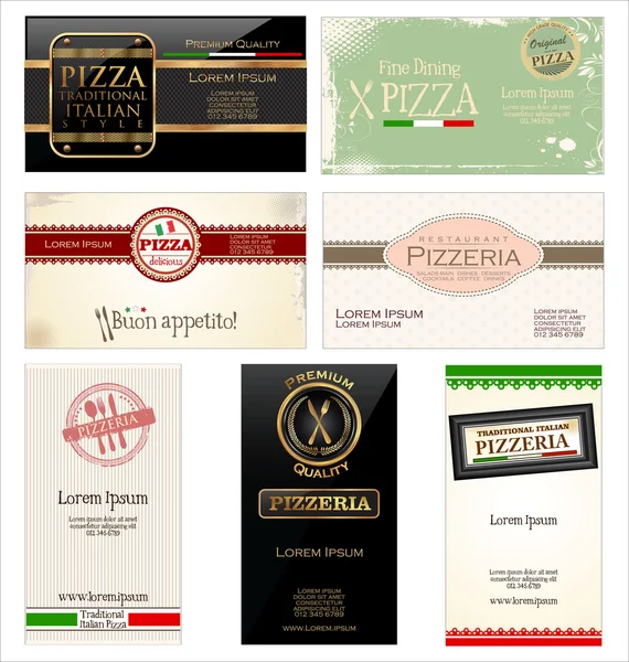 Set of 7 business cards for pizzeria and restaurant — Stock Vector