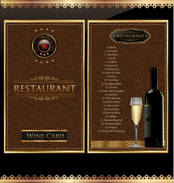 Illustration of drink menu card with wine glass and bottle on leather background — Stock Vector