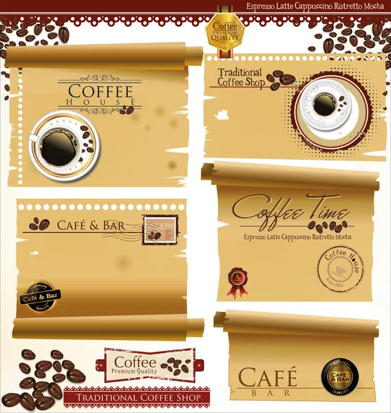 Placas y etiquetas de café retro vintage y papel viejo. Ilustración vectorial — Vector de stock