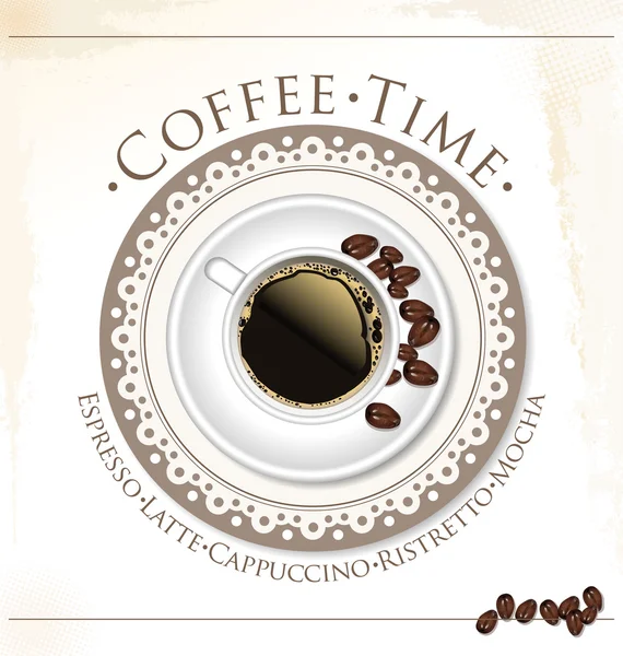 Καφέ χρόνο. φλιτζάνι καφέ και κόκκους καφέ — Διανυσματικό Αρχείο