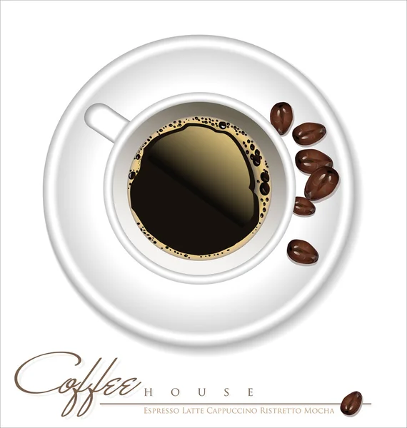 Xícara de café e grãos de café. Ilustração vetorial — Vetor de Stock