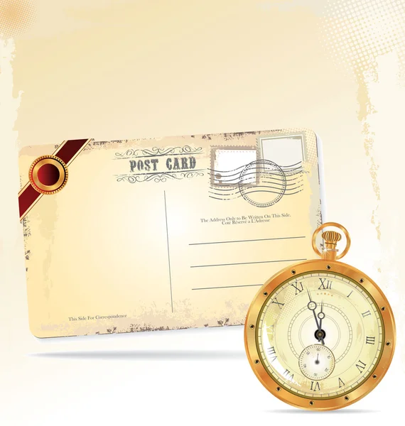 오래 된 포켓 시계와 레트로 포스트 카드 — 스톡 벡터
