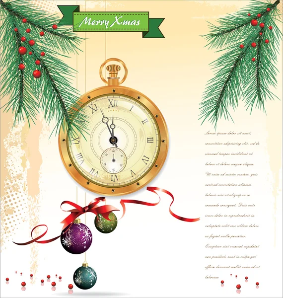 Sfondo di Natale con vecchio orologio da tasca illustrazione dettagliata . — Vettoriale Stock