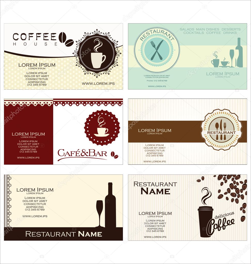 Set of 6 business cards for cafe and restaurant