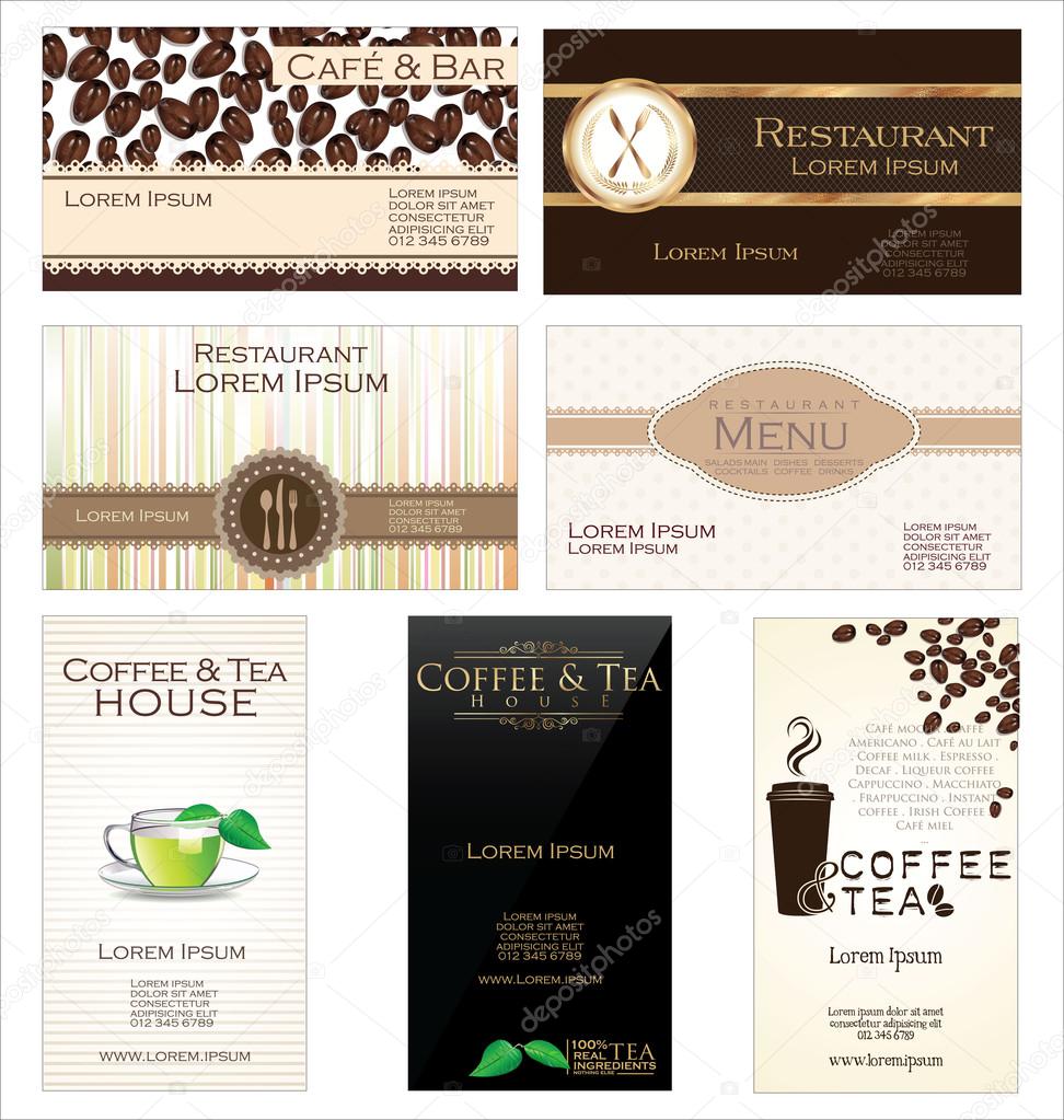 Set of 7 business cards for cafe and restaurant