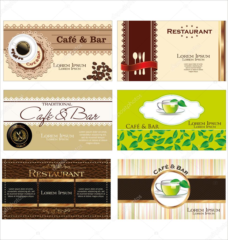 Set of 6 detailed business cards for cafe and restaurant
