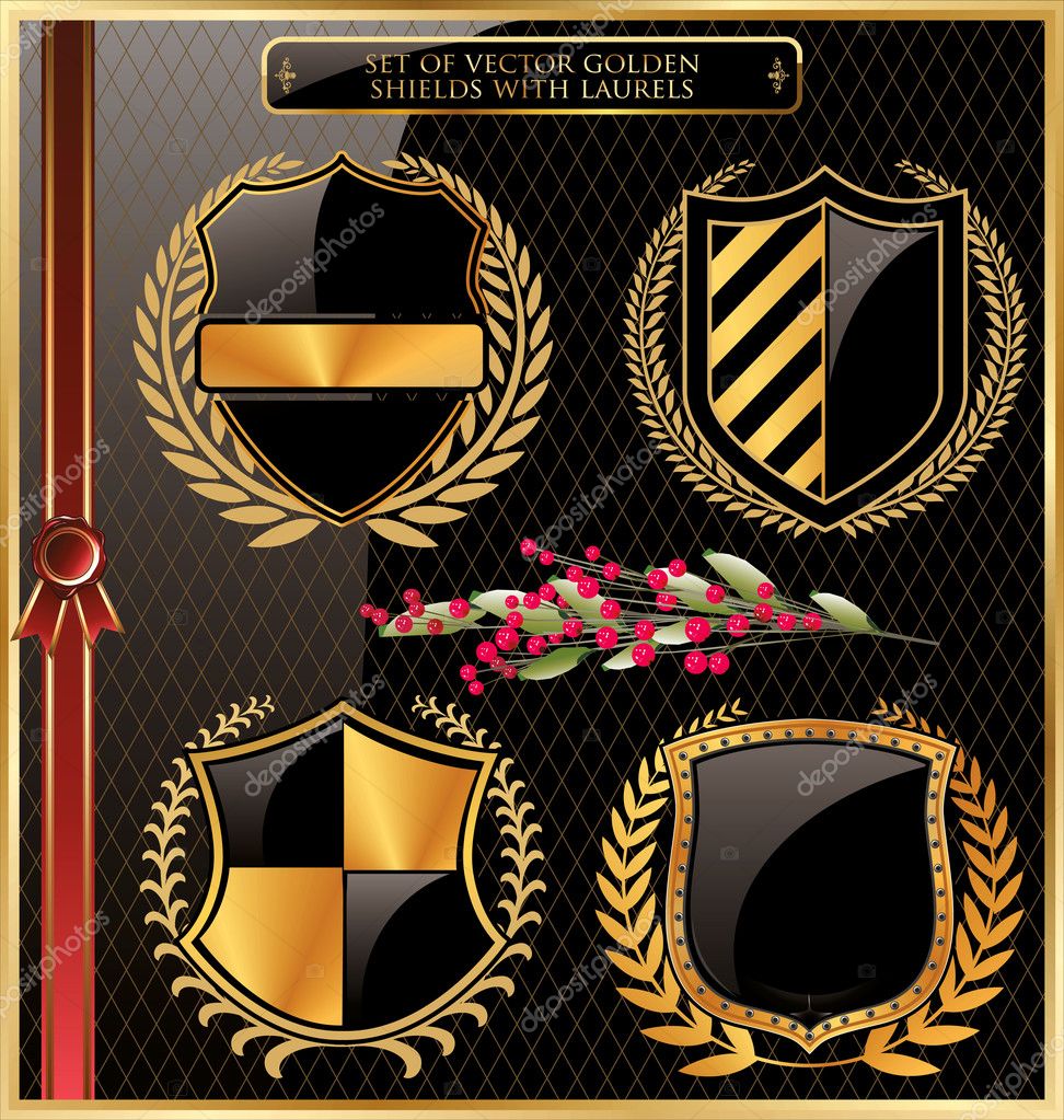 Set of vector golden shields with laurels