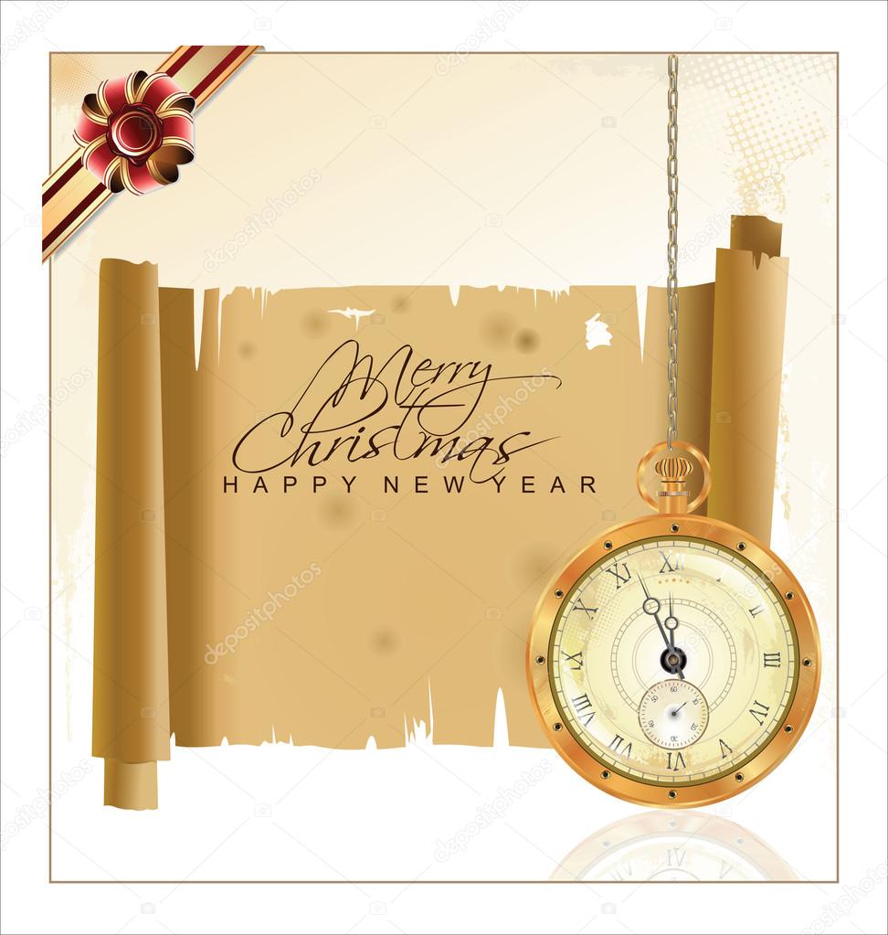 Vintage Christmas background with pocket watch and old paper