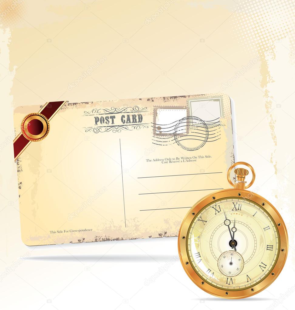 Old pocket watch and retro post card
