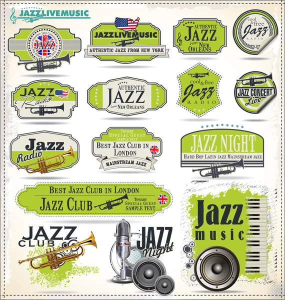 Znaczki muzyki jazzowej i etykiety — Wektor stockowy