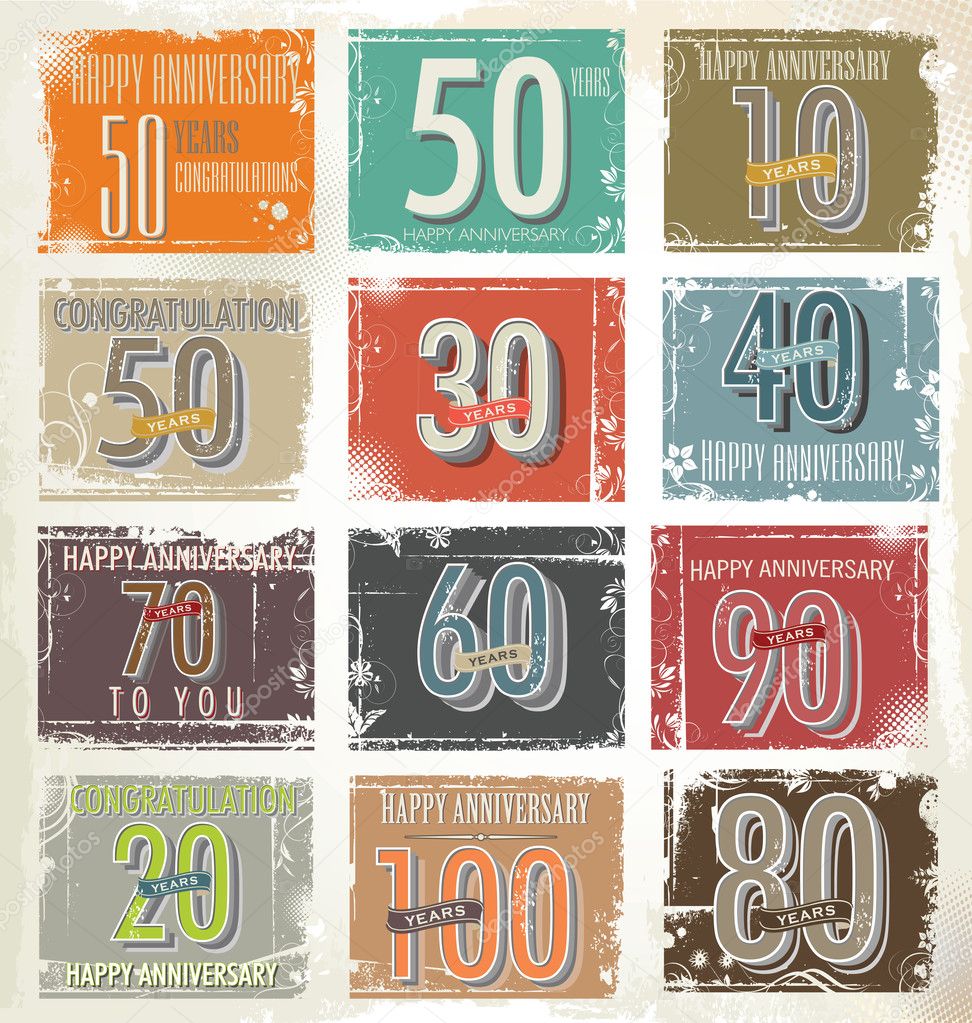 Collection of retro grunge anniversary labels