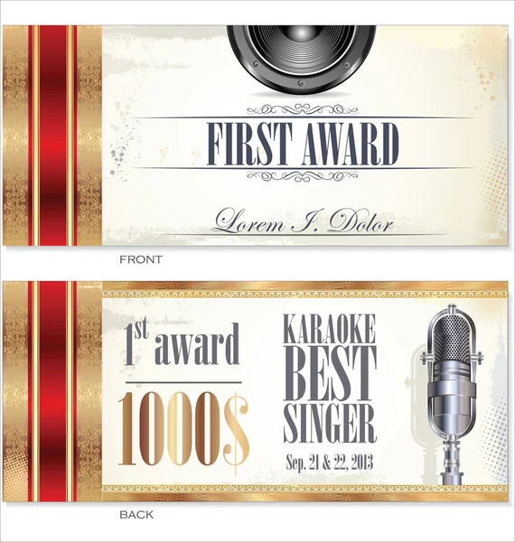 Pierwsza nagroda szablonu certyfikatu karaoke — Wektor stockowy