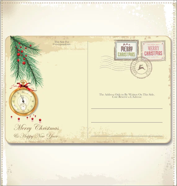 Postal y sellos navideños vintage — Vector de stock