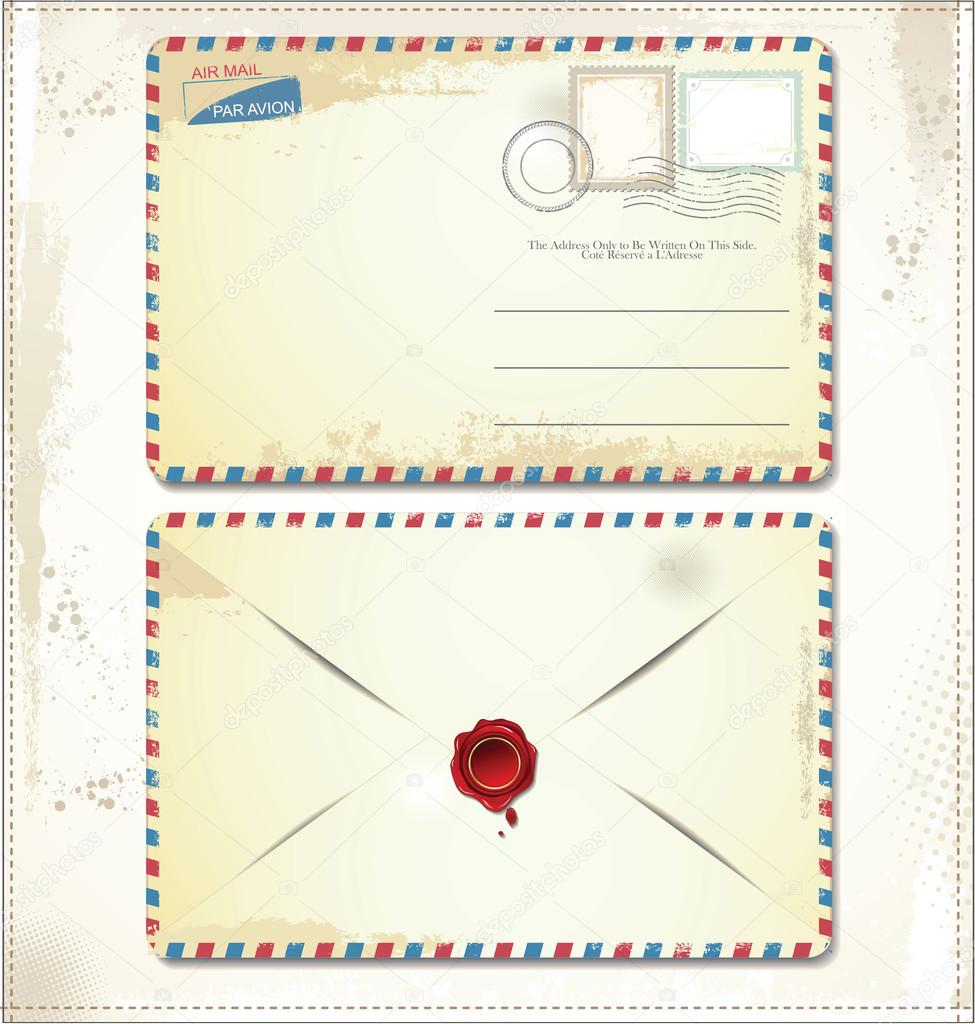 Old postage envelope with stamps and wax seal