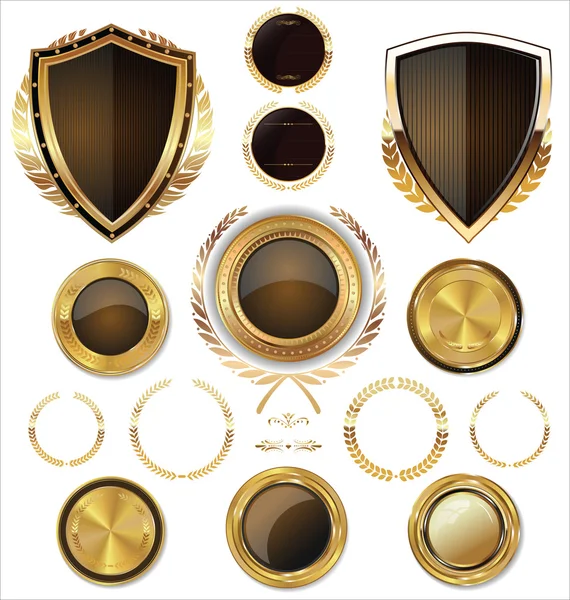 Коллекция щитов, золотых этикеток и лавровых венков — стоковый вектор