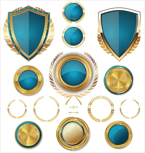 Colección de escudos, etiquetas doradas y coronas de alondra — Vector de stock