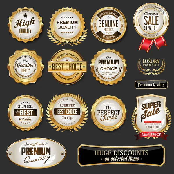 Badge Dorati Etichette Illustrazione Super Vendita Collezione — Vettoriale Stock