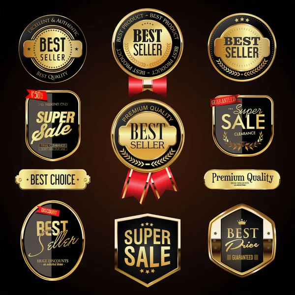 Collection Gold Black Badges Labels Retro Design — Stock Vector
