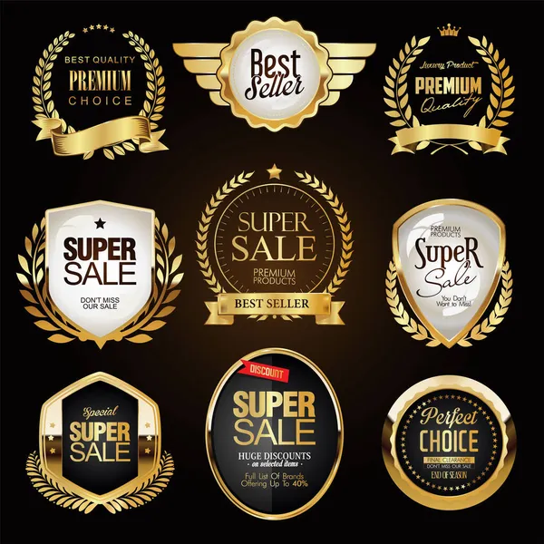 Zlaté Odznaky Etikety Super Prodej Kolekce — Stockový vektor