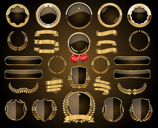 黄金のバッジラベルのコレクション月桂樹の盾と金属板 — ストックベクタ
