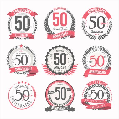 Yıldönümü rozetleri ve etiketlerinin koleksiyonu 