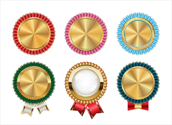 Collection Golden Badges Labels Different Ribbons — Stockvector