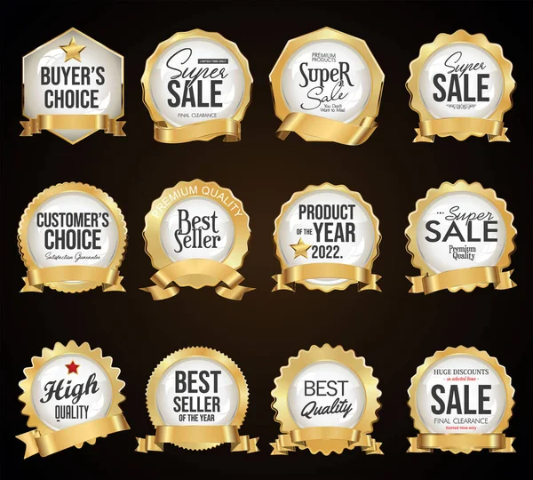 Kolekce Zlatých Bílých Super Prodejních Odznaků Etiket — Stockový vektor