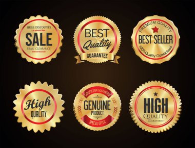 Siyah arkaplanda altın rozet ve etiket koleksiyonu 