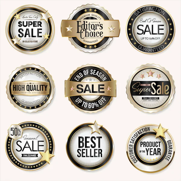 Collection Super Sale Customer Satisfaction Warranty Guaranteed Gold Black Badges — Stock vektor