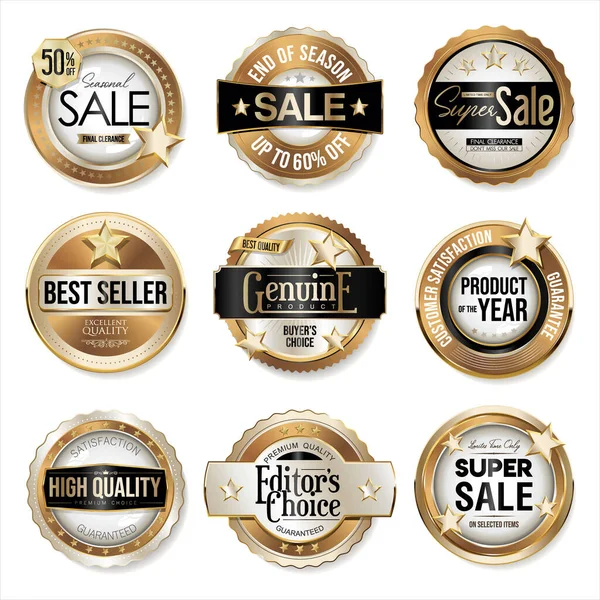 Inzameling Van Gouden Badges Labels — Stockvector